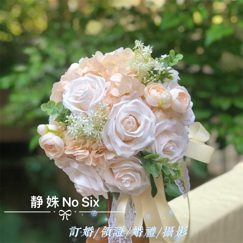 新娘手捧花香槟色简约仿真玫瑰花束订婚领证婚礼原创设计花球装饰