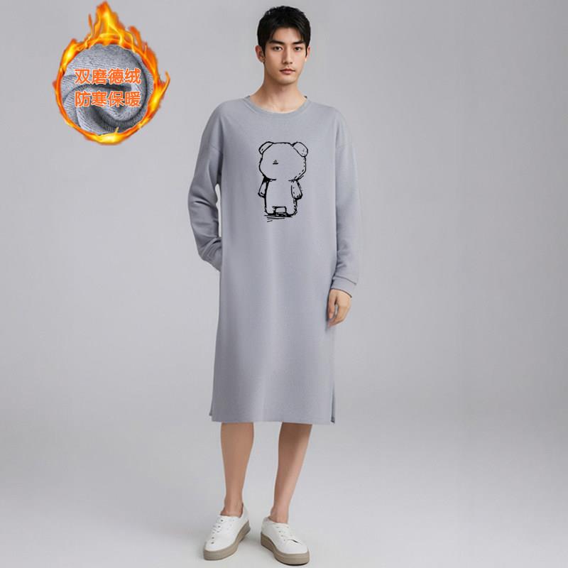 德绒保暖睡裙秋冬季男士长袖连体睡衣家居服浴袍冬款加肥加大睡袍