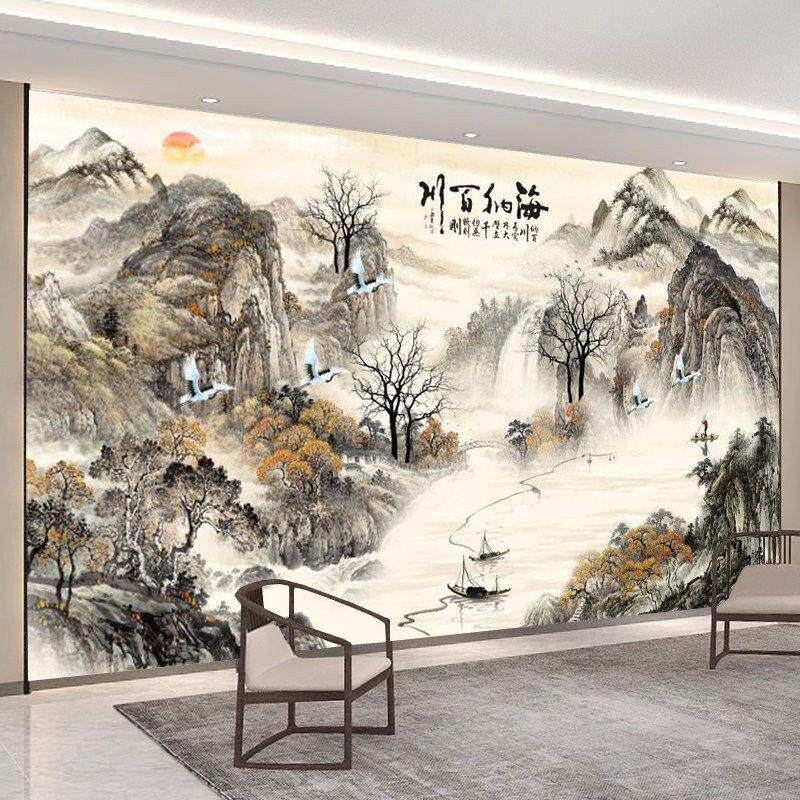定制中式电视背景墙山水画办公室立体3d山水客厅沙发书房墙贴画
