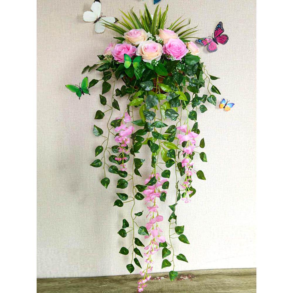 彷真玫瑰花壁挂墙壁挂装饰花篮绢花假花挂件室内墙花盆彷真挂壁花