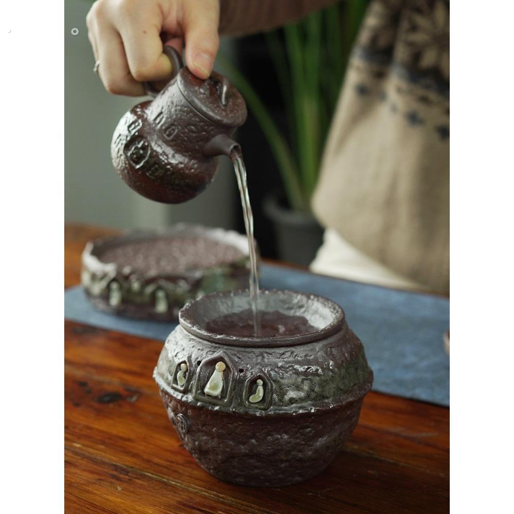 粗陶茶洗陶瓷水盂水洗覆古家用茶渣缸带盖建水茶水过滤简约干泡台