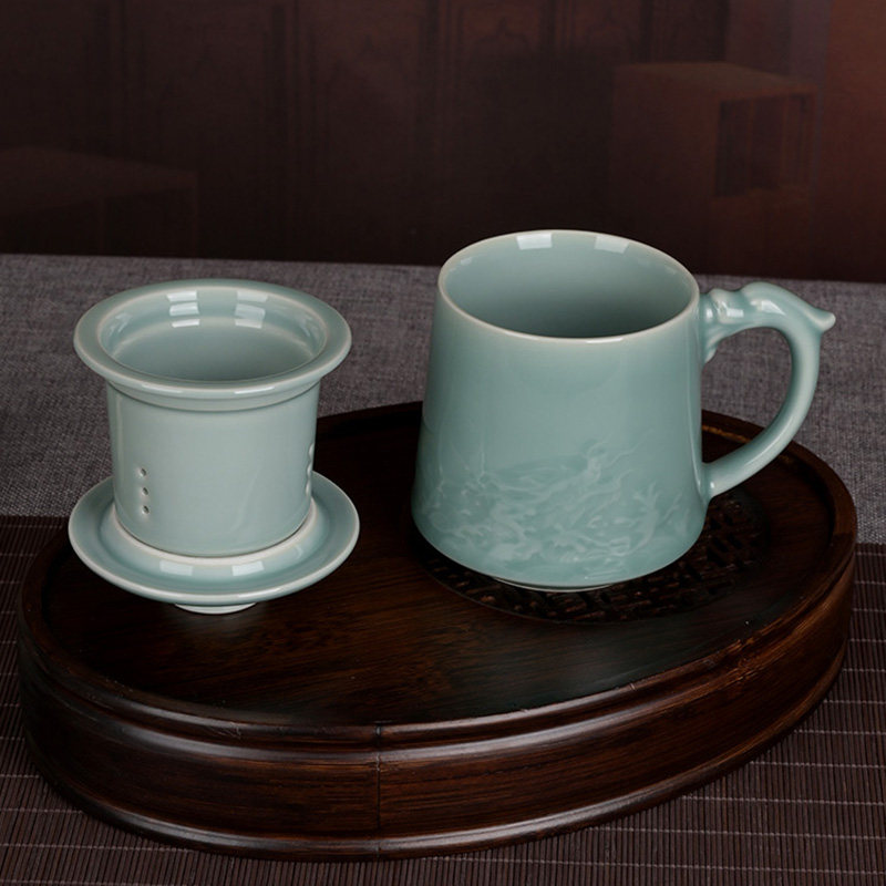 精品家用青瓷龙出海泡茶水杯带过滤同心杯陶瓷有柄茶杯办公杯礼品