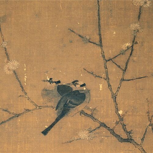 宋 赵佶宋徽宗 腊梅山禽图 瘦金体工笔花鸟画立轴仿古装饰画微喷