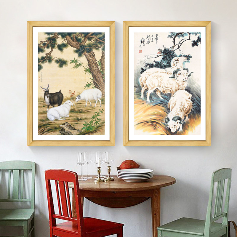 三只羊挂画 招财玄关国画中堂客厅挂画走廊装饰画 三羊开泰