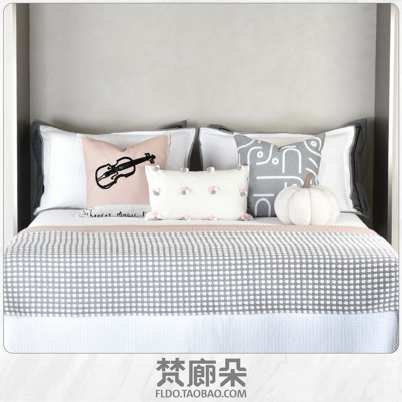 梵廊朵12件套床品现代儿童女孩粉灰色系样板房家居软装床上用品,床上用品,床品套件/四件套/多件套,淘宝优惠券,粉丝福利购,淘宝优惠卷