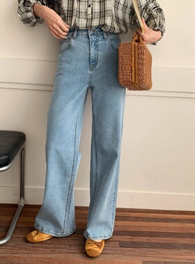 3th Morning 早春新款 韩版浅蓝色高腰直筒阔腿牛仔裤ZY2734