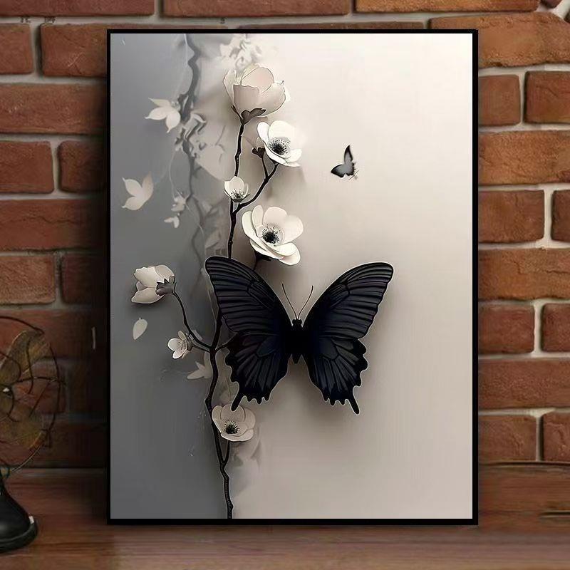 现代简约蝴蝶花卉装饰画客厅卧室挂画黑白灰立体有框画小众梦幻风