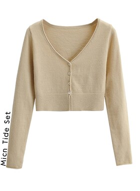 Micn~早春短款健身衣女长袖针织开衫修身弹力紧身衣V领短款小上衣