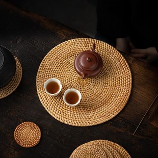 创意木质佛像工艺品藤编垫茶道防滑隔热垫茶壶茶宠摆件木底座