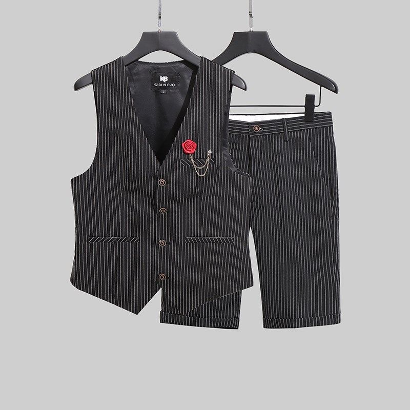 条纹男士西装马甲二件套婚礼伴郎礼服西式背心跳舞演出服马夹套装