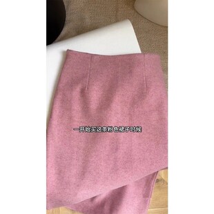 复古毛呢粉色半身裙女秋冬小个子直筒裙高腰百搭开叉中长包臂裙子