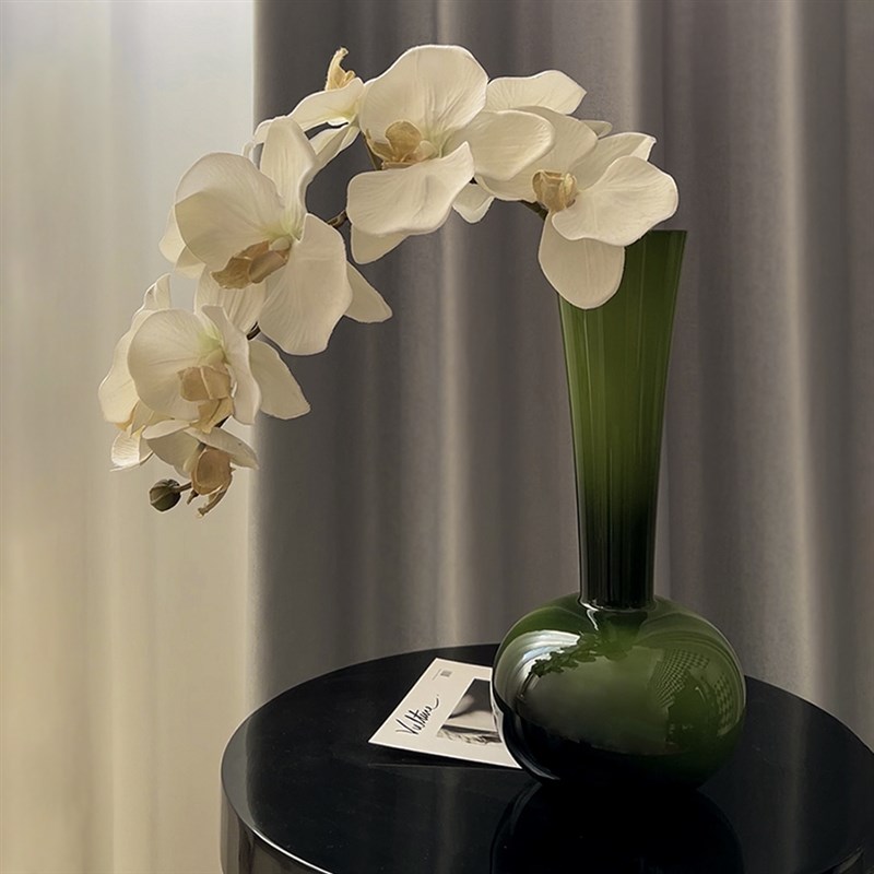 态生活 中古风长颈橄榄绿玻璃花瓶 复古高级感仿真蝴蝶兰艺术摆件图片