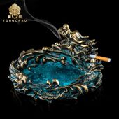 中式 黄铜卧龙烟灰缸创意客厅复古大号茶机办公室摆件开业高档礼品