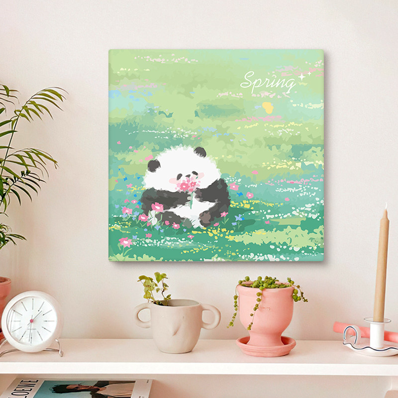 可爱熊猫花花数字油画diy画画填充涂色手工绘丙烯油彩治愈装饰画