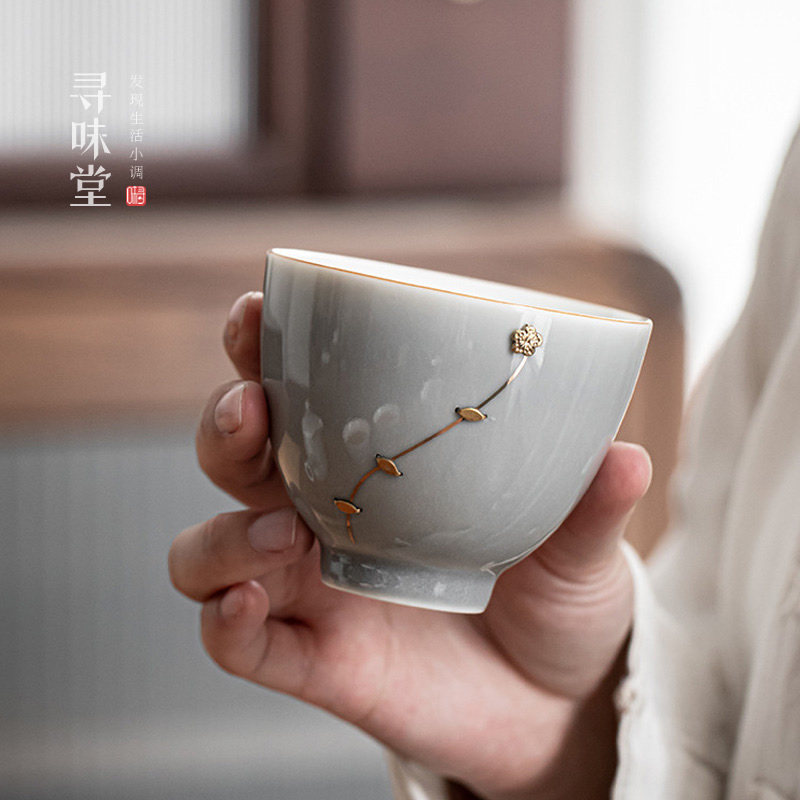 冰灰釉锔钉茶杯高档描金茶杯家用陶瓷功夫茶具主人杯品茗杯单杯
