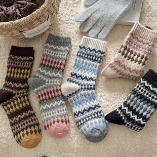 北欧费尔岛菱格秋冬保暖日系复古民族风羊毛袜ZS 下单立减30