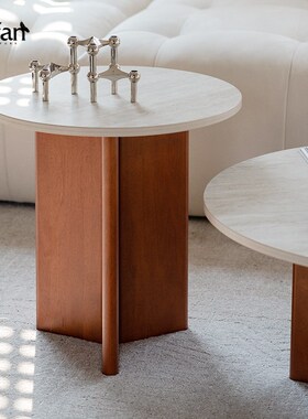 舒梵双子茶几/洞石岩板耐造/简约黑色/中古柚木色大小圆茶几组合