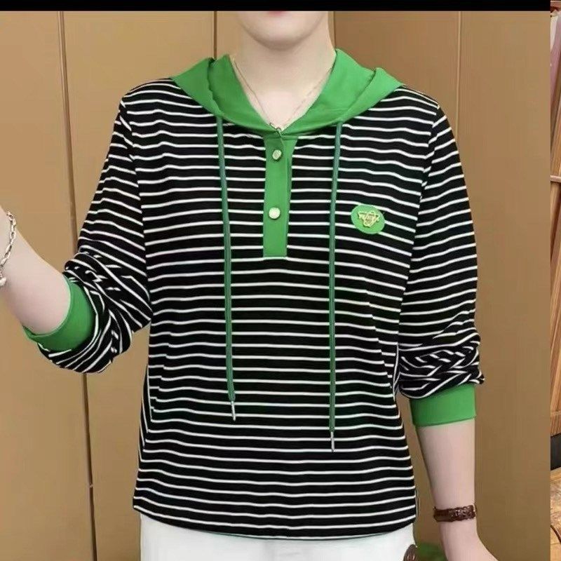 新款时尚休闲百搭显瘦t恤女条纹连帽长袖上衣大码妈妈装款女卫衣,女装/女士精品,大码内搭,淘宝优惠券,粉丝福利购,淘宝优惠卷