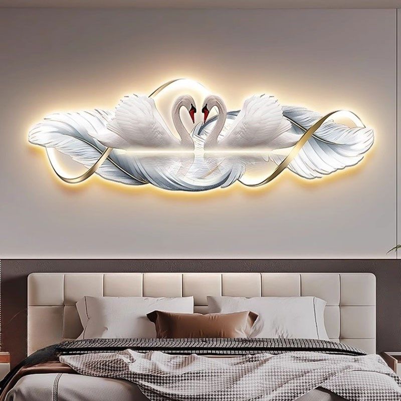 带灯天鹅主卧婚房卧室床头氛围灯画轻奢高级感装饰画羽毛客厅LED,家居饰品,氛围画/灯画,淘宝优惠券,粉丝福利购,淘宝优惠卷