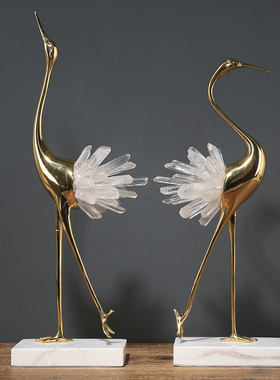 纯铜轻奢水晶仙鹤摆件样板房客厅电视柜桌面玄关摆设家居装饰品