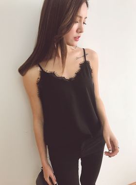 2020夏季黑色性感蕾丝双层雪纺V字领口边肩带可调节背心上衣女