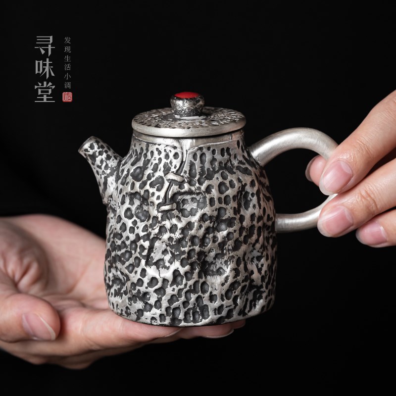 手工锤纹银彩小茶壶复古风陶瓷鎏银泡茶壶粗陶中式功夫茶具单壶