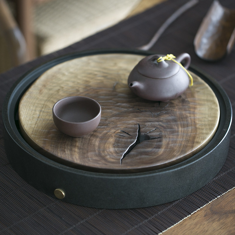 黑胡桃实木天然乌金石小圆形储水排水茶盘干湿泡茶台高档茶具茶海
