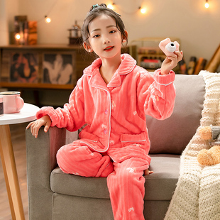 秋冬儿童法兰绒睡衣女童2-14岁女孩男童大童加厚珊瑚绒家居服套装