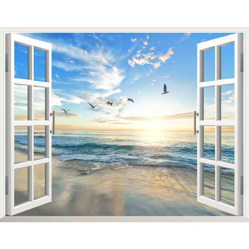 定制卧室唯美山水风景防水自粘墙贴画3d假窗客厅海景背景装饰壁画,家居饰品,软装墙贴,淘宝优惠券,粉丝福利购,淘宝优惠卷