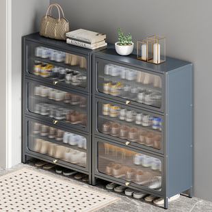 钢制鞋柜门口家用大容量入户楼道落地分层隔板铁艺上翻门防尘鞋架