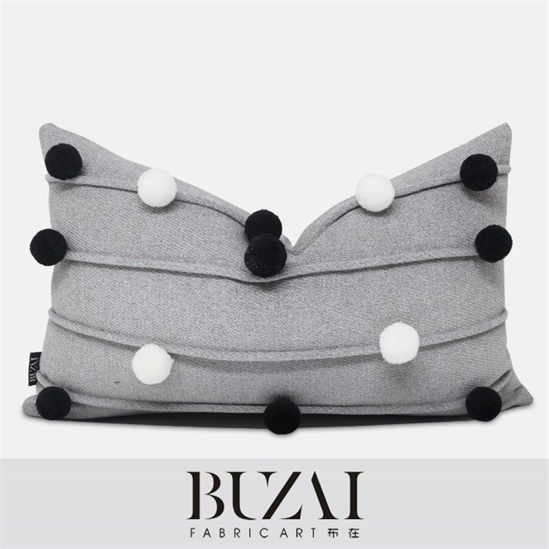 布在布艺 灰色棉麻靠包黑白毛线球抱枕男孩房腰枕样板间儿童靠垫,居家布艺,靠垫/抱枕,淘宝优惠券,粉丝福利购,淘宝优惠卷
