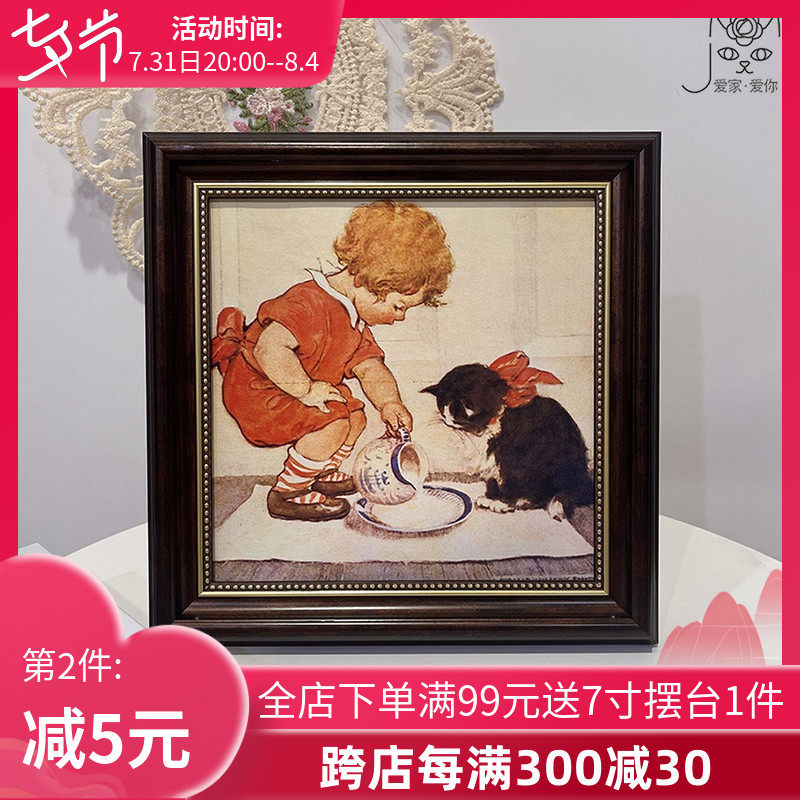猫和小女孩油画装饰画桌面摆件美法式复古相框卧室客厅背景墙挂画