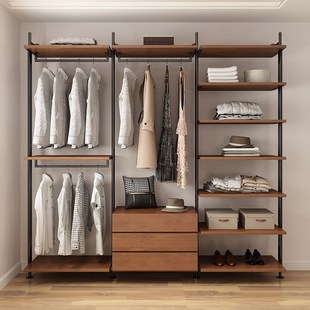 开放式衣柜架挂墙金属实木落地卧室铁艺置物架步入式挂衣架衣帽间