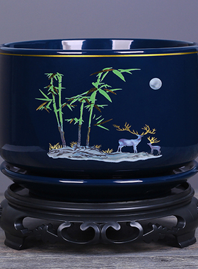 蓝色国潮花盆陶瓷带底座中国风室内阳台蝴蝶兰盆栽多肉透气绿植盆