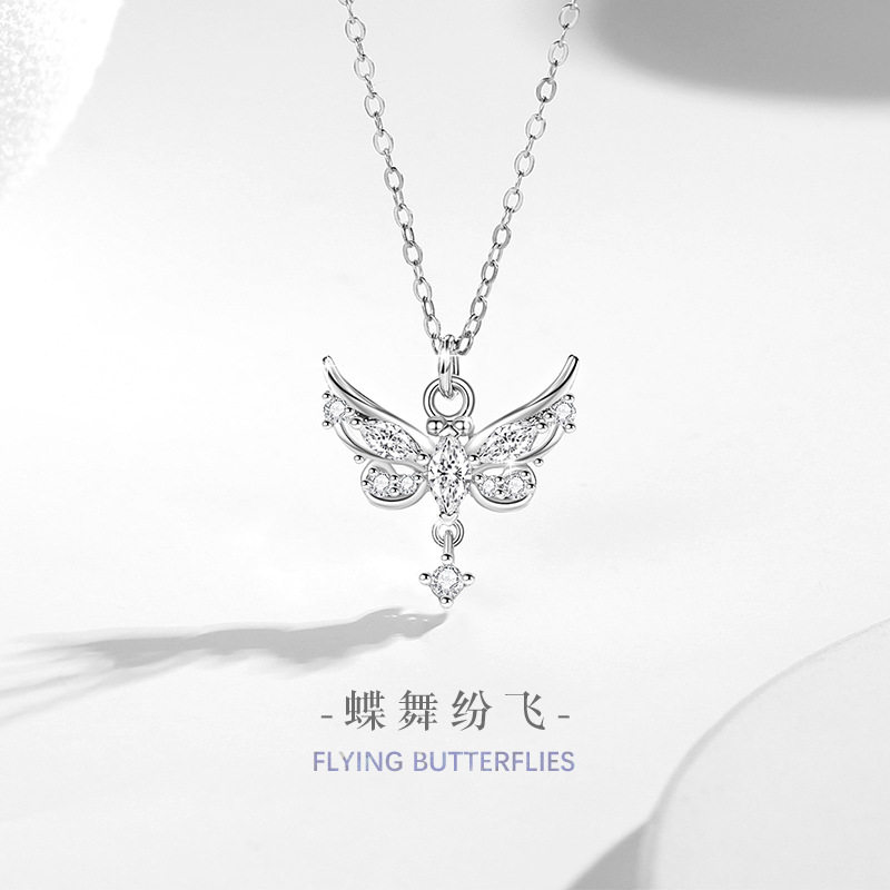 蝴蝶纯银925项链女小众设计轻奢款天使之翼锁骨链得物ins流苏吊坠