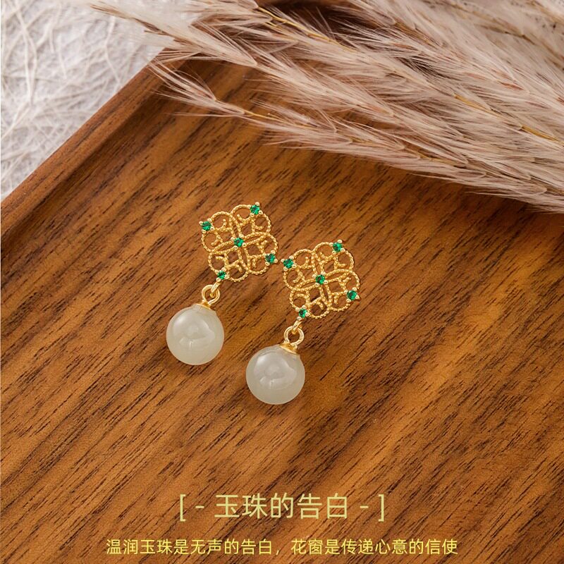 新款S925纯银和田玉耳坠新中式花窗玉珠耳坠国风旗袍配饰工厂