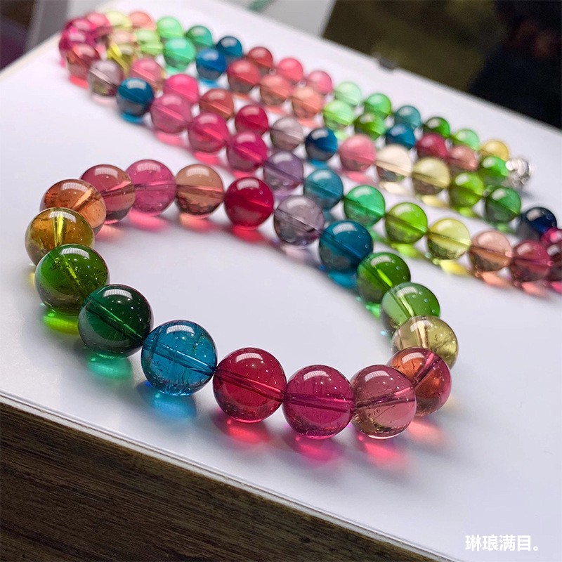玻璃体彩虹碧玺手链女天然巴西老矿水晶糖果碧玺手串旺夫石送礼物