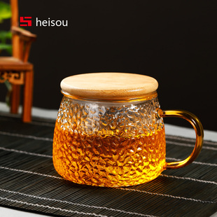 锤纹玻璃杯带盖家用茶水分离水杯龙鳞杯带把泡杯茶办公室花茶杯子