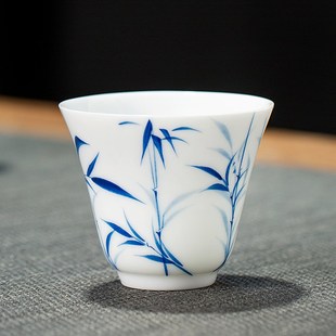 手绘竹子白瓷盖碗单个泡茶碗茶杯茶具薄胎不烫手纯手工青花瓷盖碗