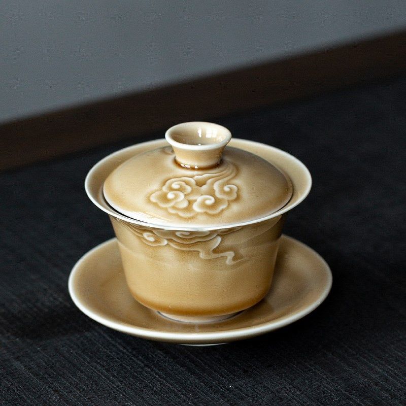 寂艺密蜡黄定窑三才盖碗中式陶瓷家用功夫茶具浮雕祥云泡茶器茶碗,餐饮具,茶杯,淘宝优惠券,粉丝福利购,淘宝优惠卷
