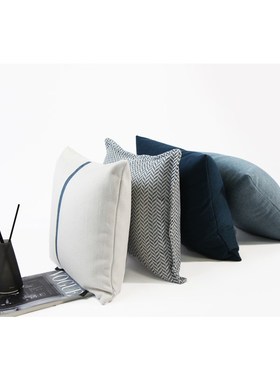 极简现代蓝色组合抱枕蓝白几何棉麻拼接样板间床头靠背枕抱枕套