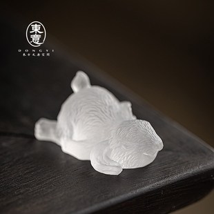 东意文房 水晶古法琉璃玉兔笔搁动物文房镇纸书画毛笔书法笔架