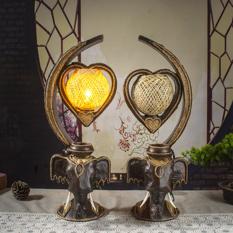 竹编装饰台灯泰式装修灯具实木复古大象造型东南亚风格创意床头灯
