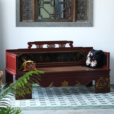 中式仿古实木雕花罗汉床明清古典贵妃榻榆木沙发椅客厅书房主人椅