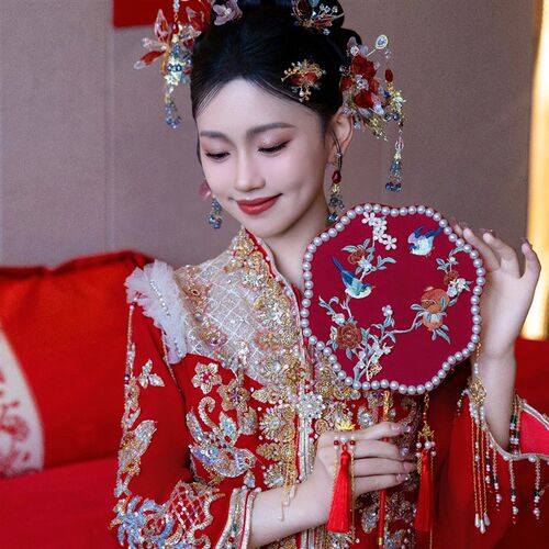 团扇新娘结婚diy材料婚礼喜扇中式扇子高级婚扇新婚秀禾高端出嫁