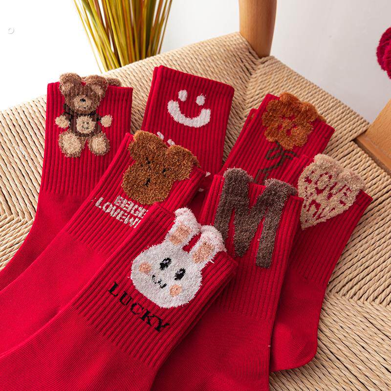 儿童红袜子秋冬中筒加厚长筒袜男童女童中大童本命年大红色新年袜