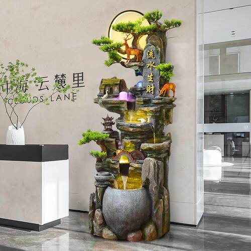 中式假山流水喷泉摆件客厅风水轮生财装饰高山循环水景落地加湿器