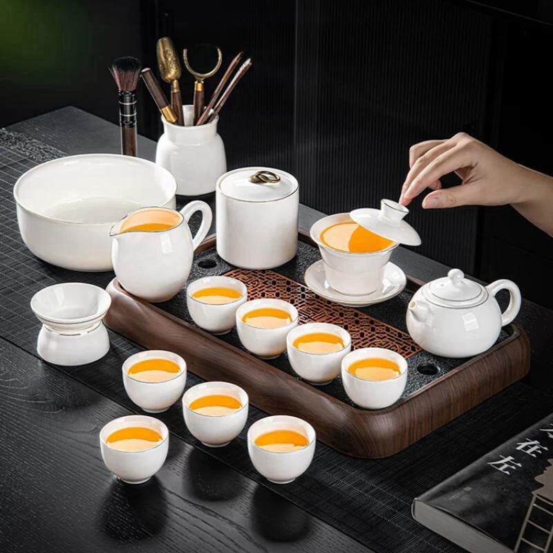 2026新款羊脂玉描金白瓷茶具套装轻奢高档功夫泡茶壶茶杯茶盘家用