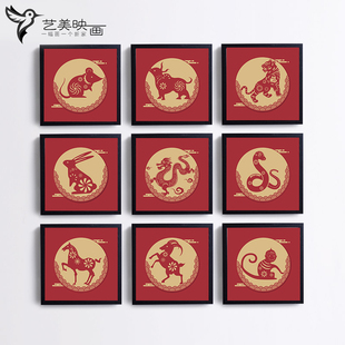 【祥云十二生肖】12中式鼠牛虎兔龙蛇马羊猴鸡狗猪年餐馆装饰挂画