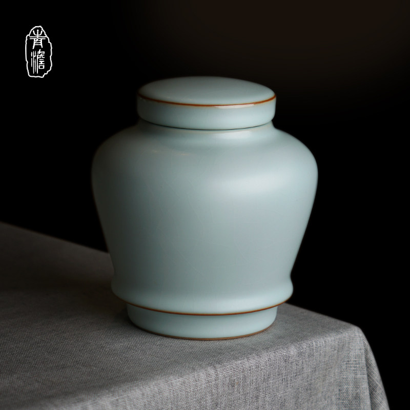汝窑茶叶罐陶瓷密封家用复古中号防潮储存茶叶密封罐纯手工天青色